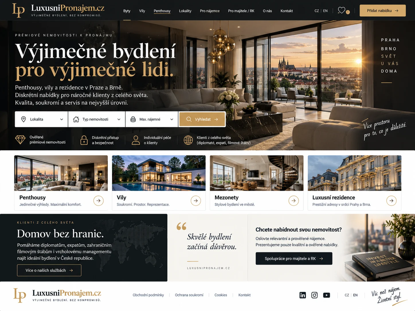 Ilustrační návrh webu LuxusniPronajem.cz v černé, krémové a zlaté s interiérem prémiového bytu
